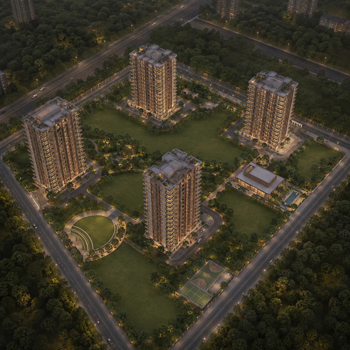Nambiar Kannamangala aerial view - four Ground+20 blocks on twelve acres around the central green spine