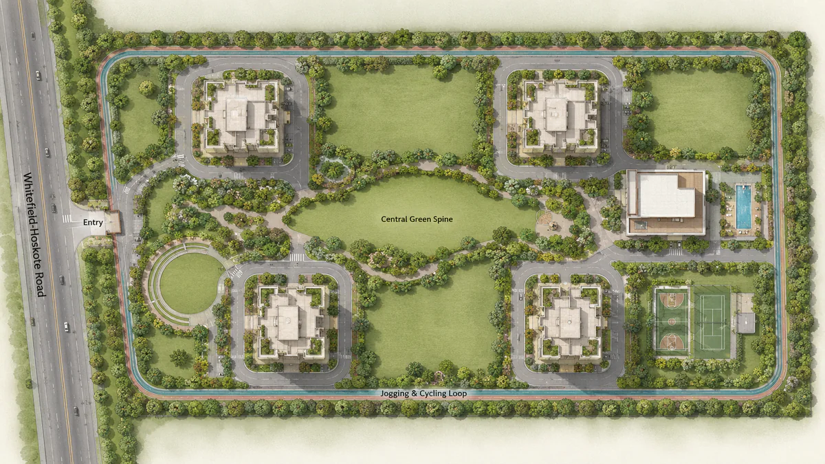 Nambiar Kannamangala master plan showing the block layout, central green spine, clubhouse and site entry Nambiar Kannamangala master plan showing the block layout, central green spine, clubhouse and site entry